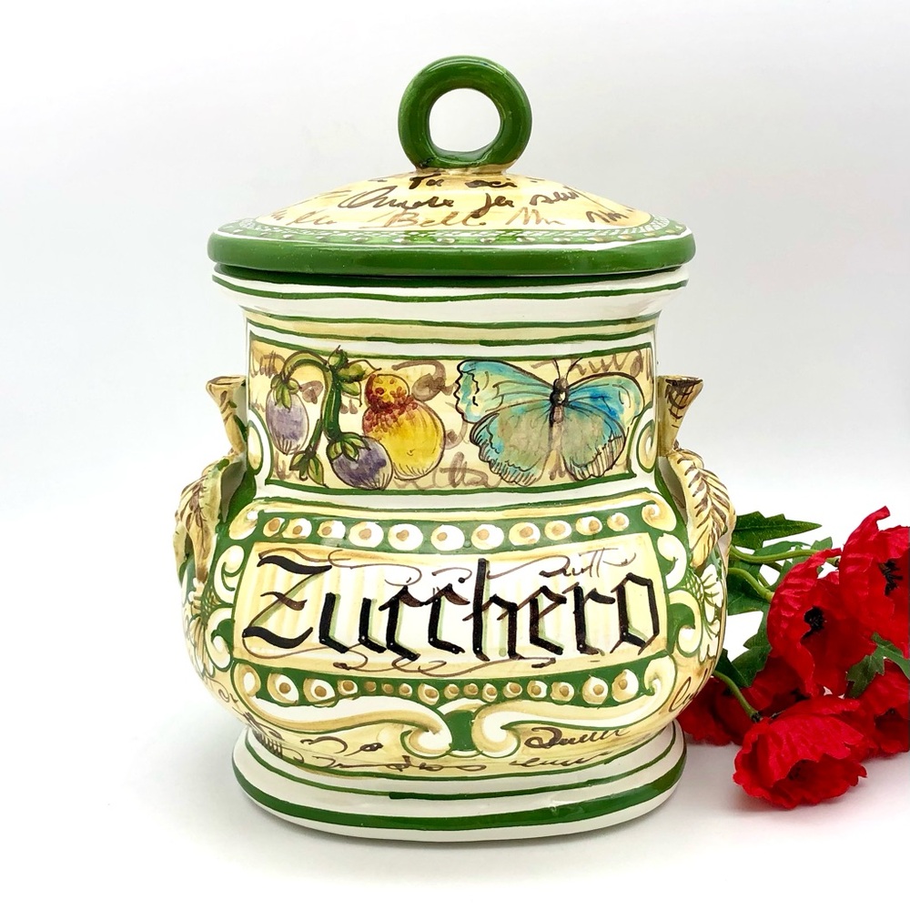 Italian Pottery Sugar Canister Zucchero With Lid Hand Painted Butterfly - Picture 13 of 13